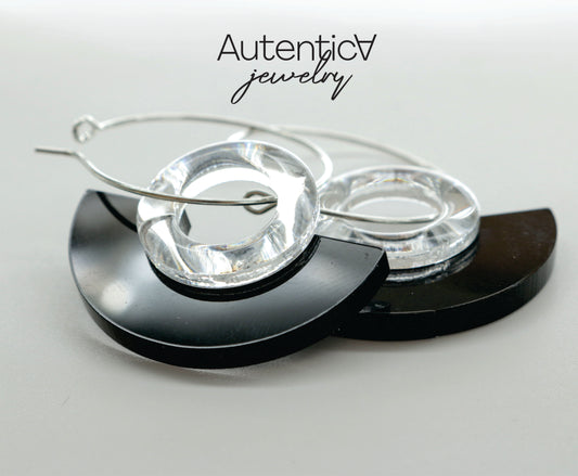 Mirror Glass Earrings / Elegant Style Earrings / Silver and Black Earrings