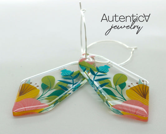 Acrylic Glass Earrings / Floral Print Style Earrings / Colorful Earrings