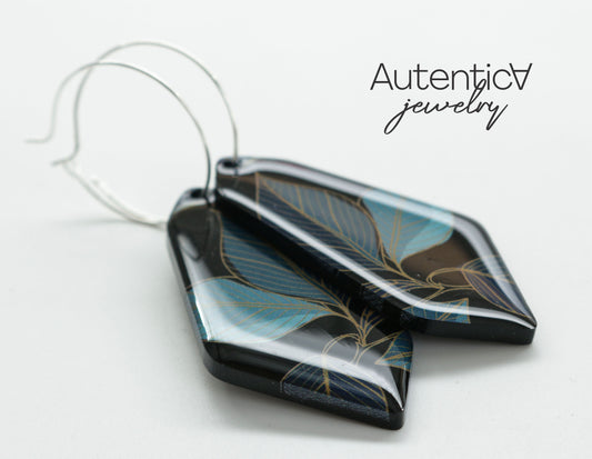 Acrylic Glass Earrings / Floral Print Style Earrings / Black Earrings