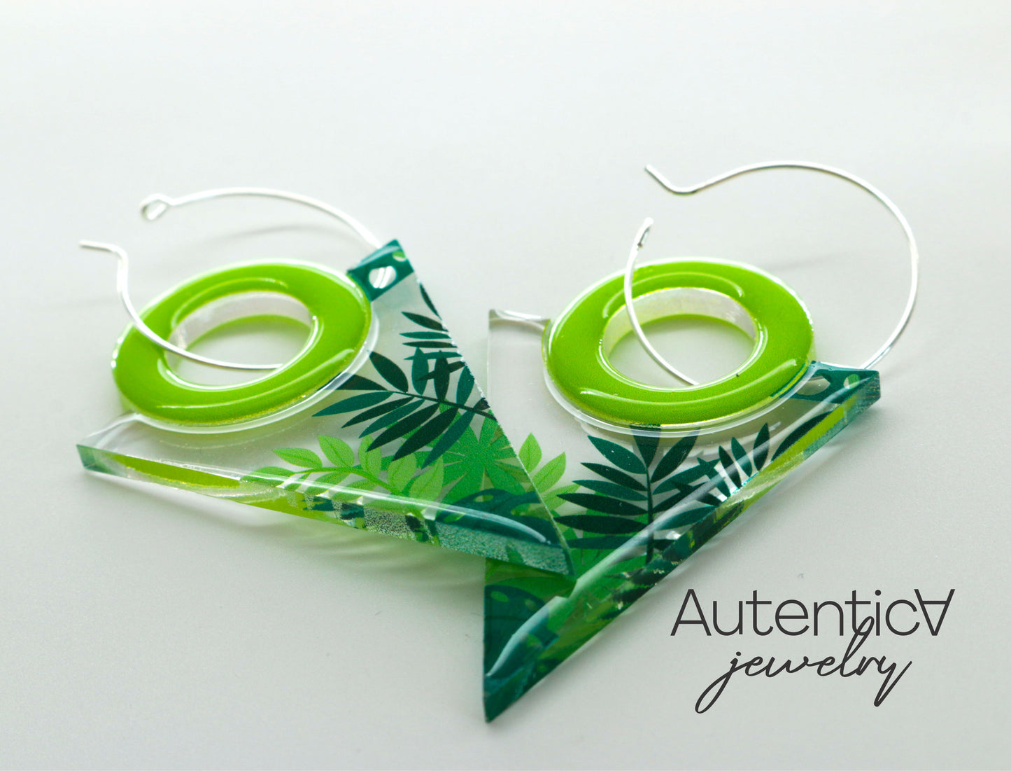 Acrylic Glass Earrings / Floral Print Style Earrings / Green Earrings