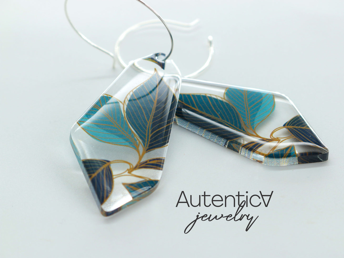 Acrylic Glass Earrings / Floral Print Style Earrings / Blue Earrings