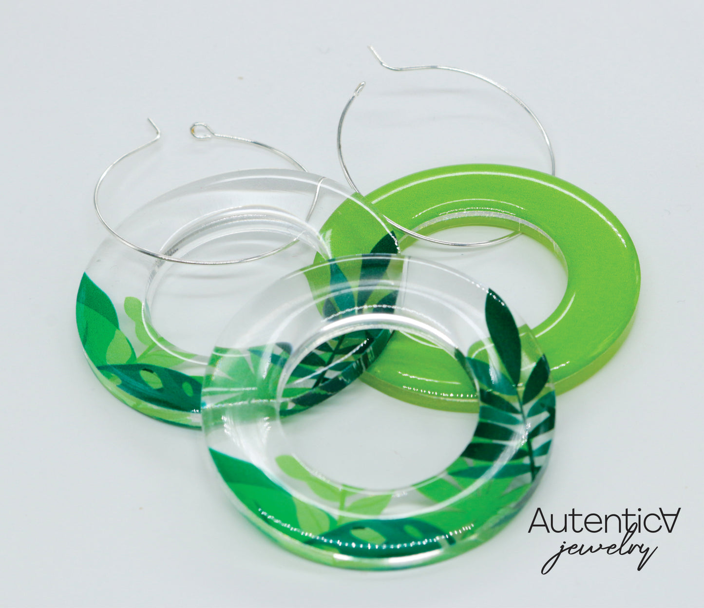 3pcs Acrylic Glass Earrings / Circle Style Earrings /  Green Floral Earrings